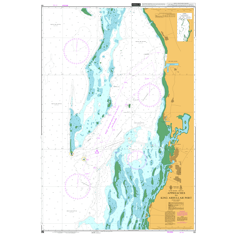 Product image of Admiralty Chart 63 | Approaches to King Abdullah Port, featuring navigational markings, depth soundings, and coastal features, essential for safe marine navigation. It could be displayed as an art piece or used for navigation on a boat or ship.