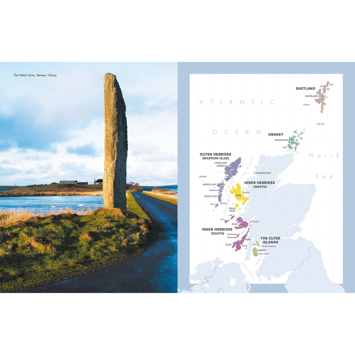 A tall standing stone graces the roadside beneath a blue sky. Nearby, Conway's "Exploring Scotland's Islands" map unfolds, color-coded and labeled with Orkney, Shetland, and the Hebrides, inviting explorers to delve into this unique haven.