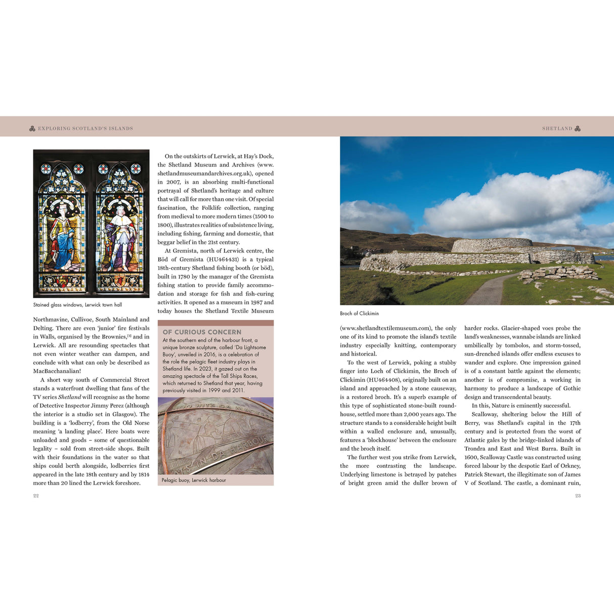 An open spread from "Exploring Scotland's Islands" by Conway displays images and text of Scotland's islands. The left page highlights a stained glass window above columns of text, while the right presents an island mound in a grassy landscape beneath a cloudy sky, inspiring imagination.