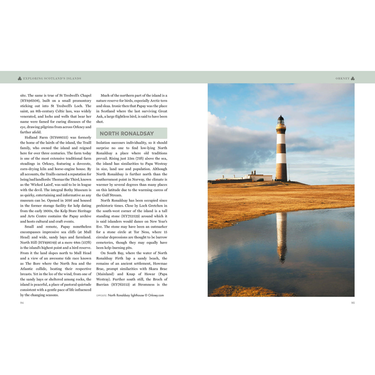Under a clear blue sky, a lighthouse towers over a rocky coast, its reflection shimmering in a shallow pool. Text on the left shares information about the serene beauty of Scotland’s Islands, highlighting nature-spotting adventures on North Ronaldsay courtesy of Conway's "Exploring Scotland's Islands.