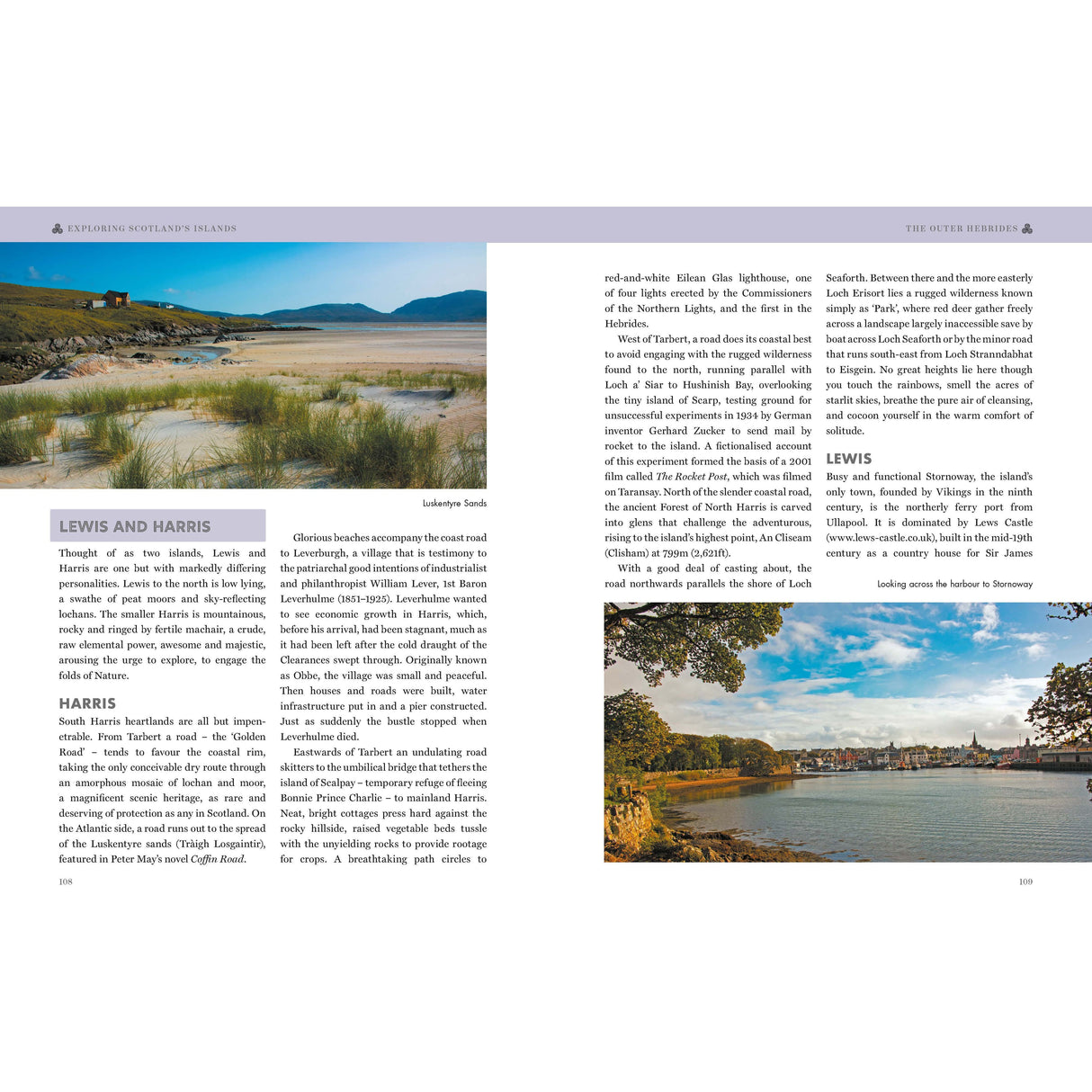 The open book "Exploring Scotland's Islands" by Conway showcases Lewis and Harris with images of sandy lakeshores and scenic harbors, offering visitor insights on geography, history, culture, and nature-spotting opportunities.