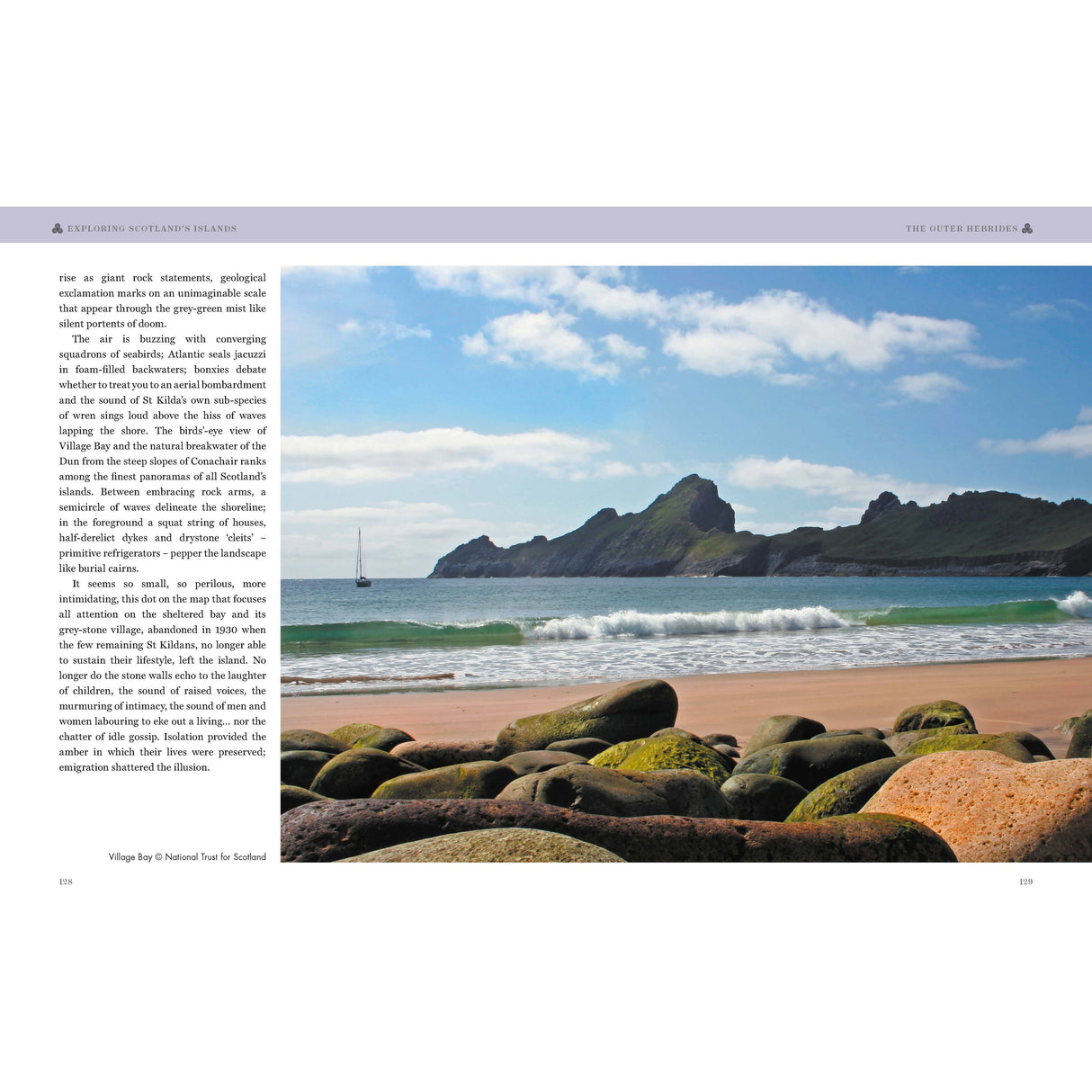 A rocky beach with grassy hills evokes Scotland's Islands. Under a blue sky, a sailboat glides on the water. Text provides visitor info and details about this natural haven. *Exploring Scotland's Islands* by Conway.