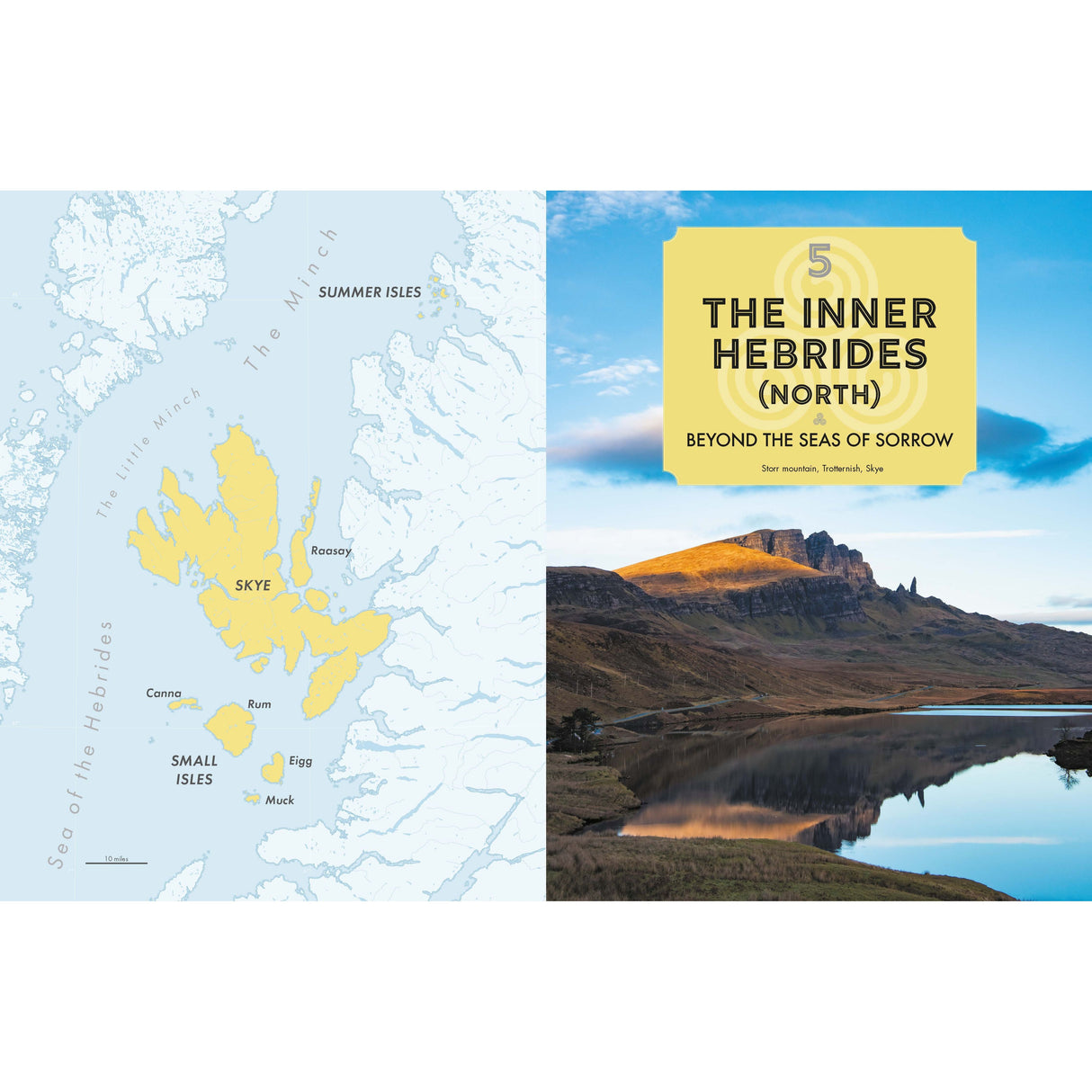 On the left, a yellow map of the Inner Hebrides with labeled islands; on the right, a stunning sunset mountain scene mirrored in a lake. Text: "Exploring Scotland's Islands," by Conway - your ultimate nature guide, 5pm.