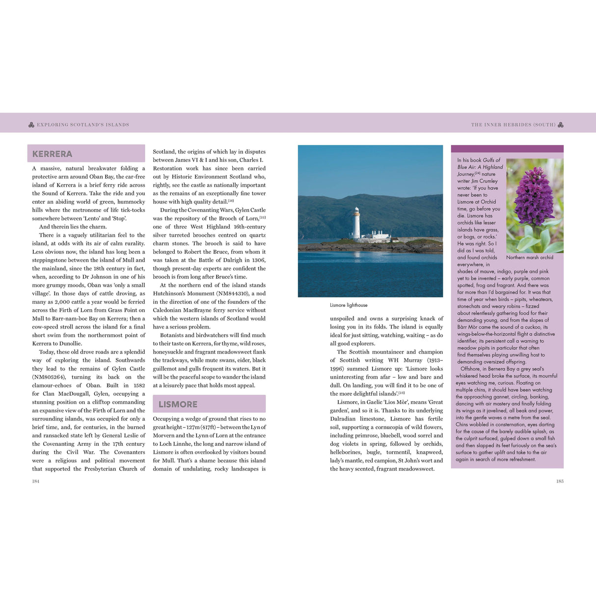 A two-page spread in Conway's "Exploring Scotland's Islands" presents Kerrera with a lighthouse photo, perfect for nature-spotting, and highlights Lismore with a purple flower image and key visitor details.