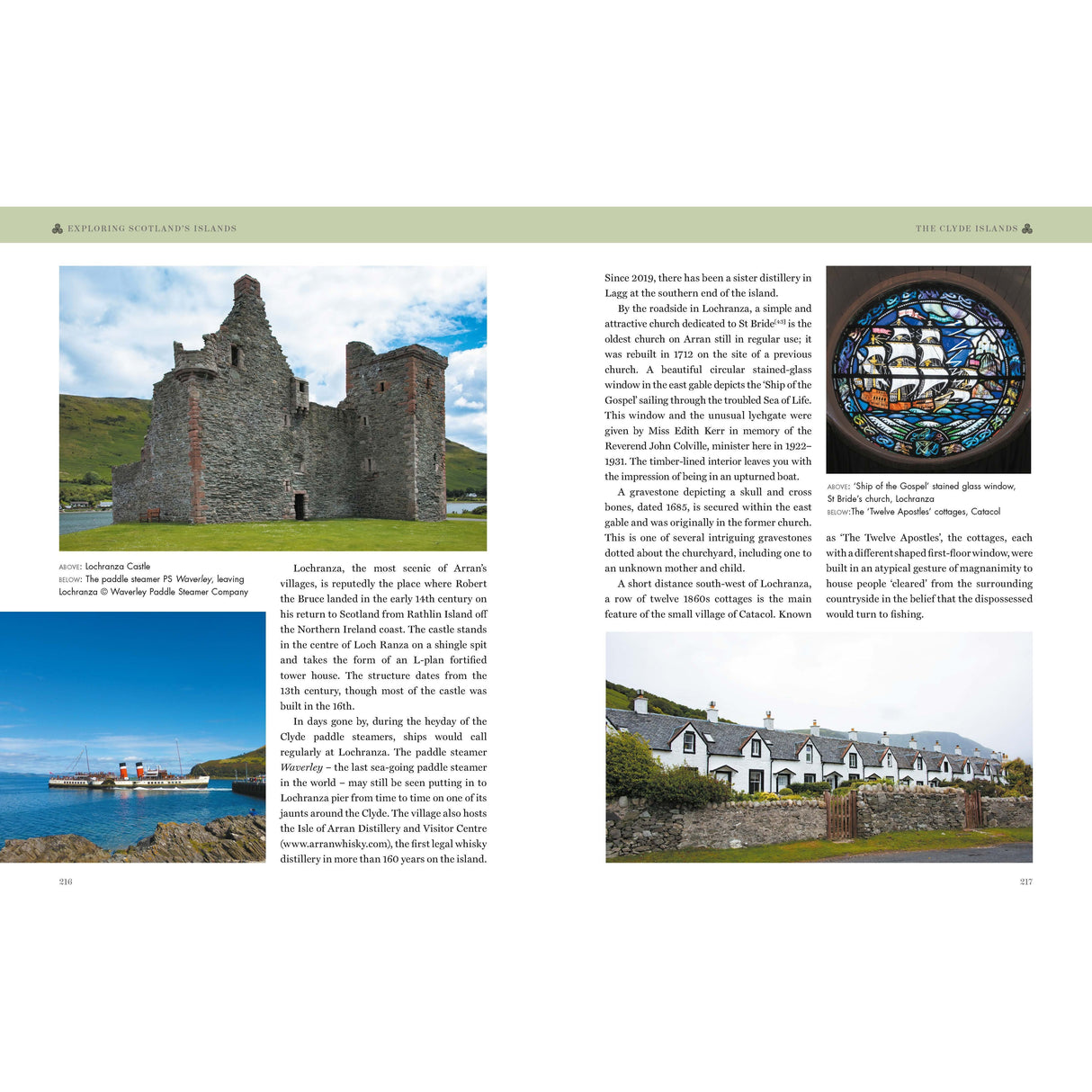 A magazine spread from Conway's "Exploring Scotland's Islands" features Lochranza Castle and village, with the left page showing the castle surrounded by water, and the right displaying white houses alongside colorful stained glass window art.