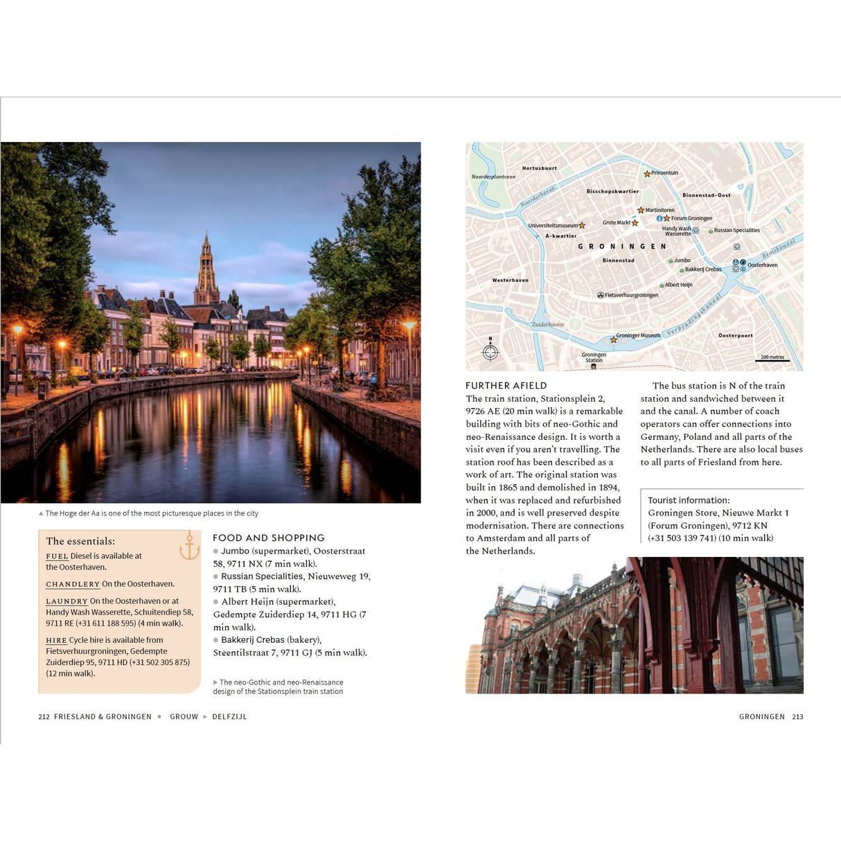 Experience canal views in Groningen at dusk with the illuminated Martini Tower, train station architecture, and city map imagery—ideal inspiration for your Netherlands sailing journey with the Adlard Coles Shore Guide: The Netherlands by Adlard Coles.