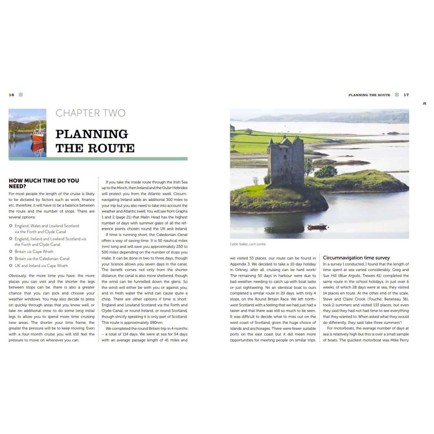 A two-page spread from "UK and Ireland Circumnavigator’s Guide" by Adlard Coles explores travel time across England, Wales, and Scotland. It vividly describes a lakeside castle while mapping routes for circumnavigating and sailing around Britain and Ireland.