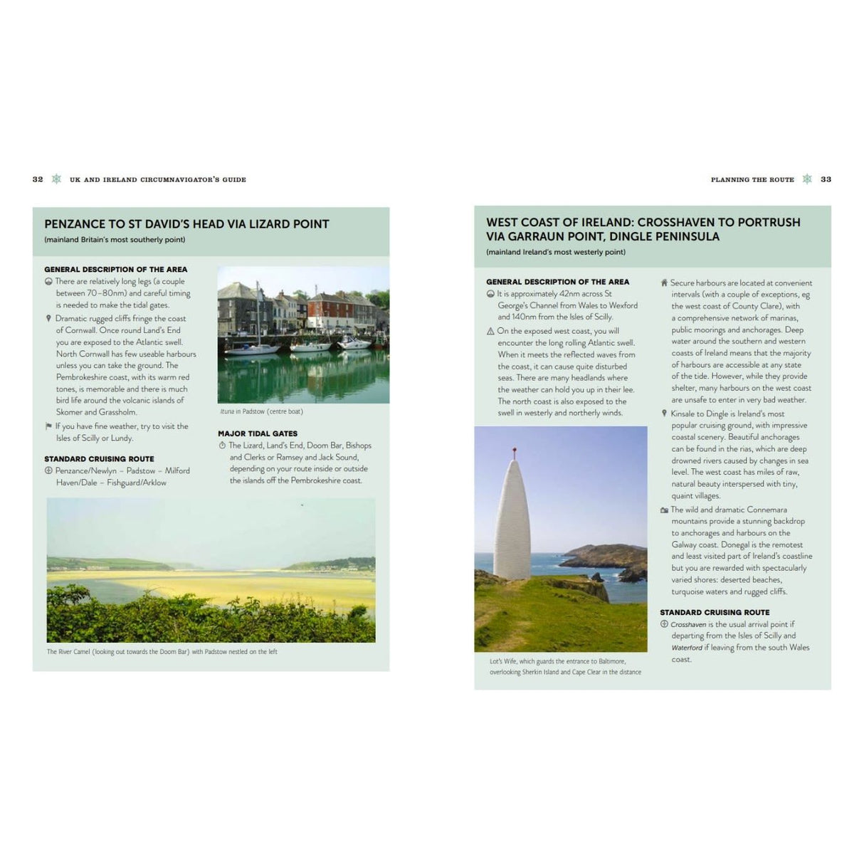 A two-page spread from the "UK and Ireland Circumnavigator’s Guide" by Adlard Coles features routes from Penzance to St David's Head and the West Coast of Ireland. It offers vibrant photos, coastal scene descriptions, and detailed route info for an unforgettable sailing adventure.