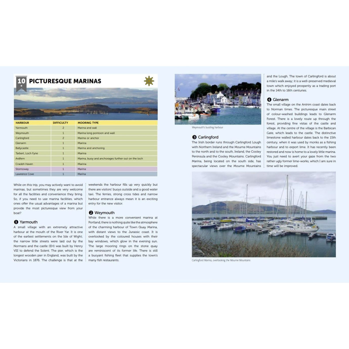 The UK and Ireland Circumnavigator’s Guide by Adlard Coles features a two-page spread for offshore sailors, with the left page detailing marina information like difficulty levels and mooring types, while the right page includes text on locations and a marina image.