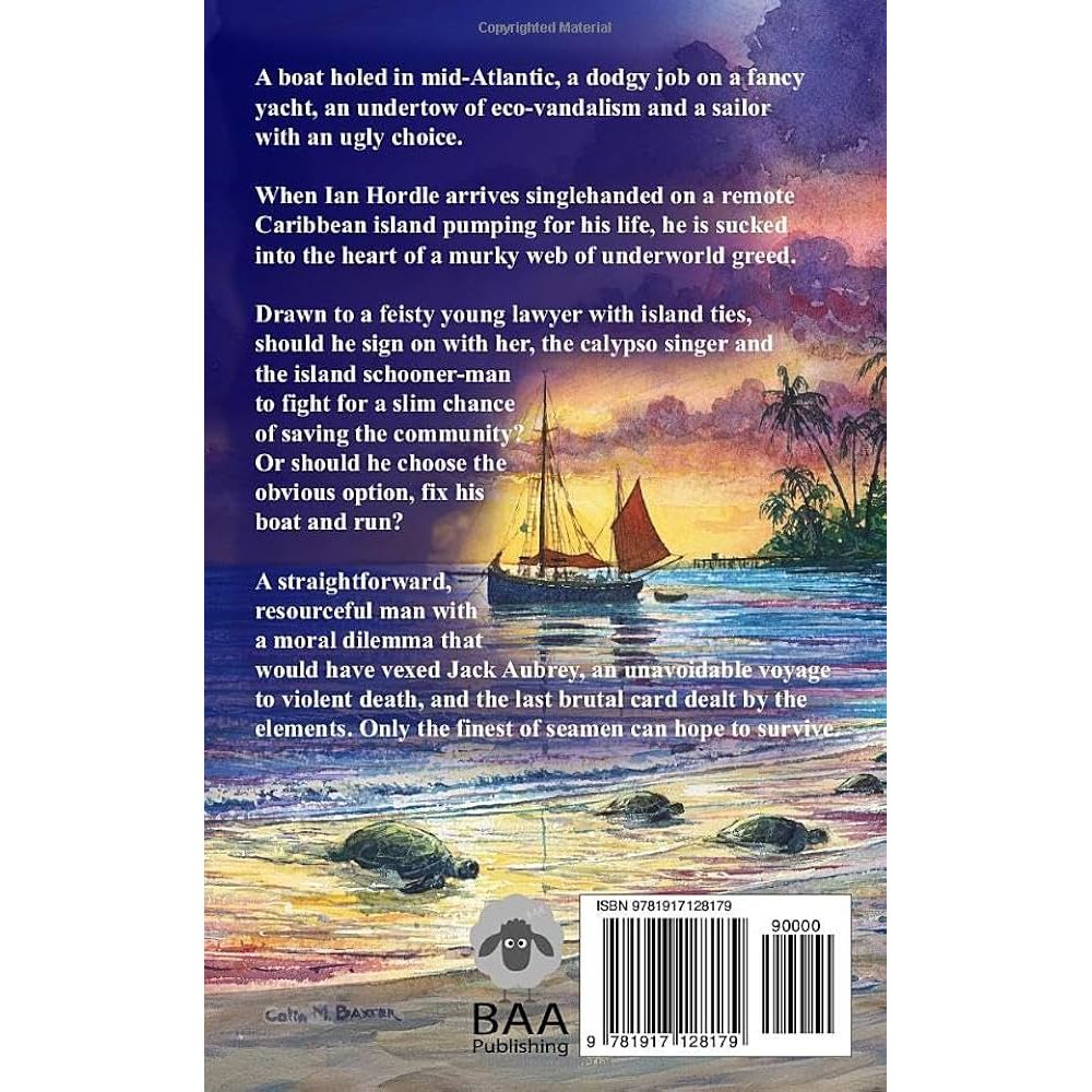 The back cover of Hurricane Force by BAA Publishing features a synopsis about a sailing adventure with pirates, a sailor, and tough choices, along with a barcode, ISBN, publisher’s logo, and an illustration of a cat sitting on a chest.