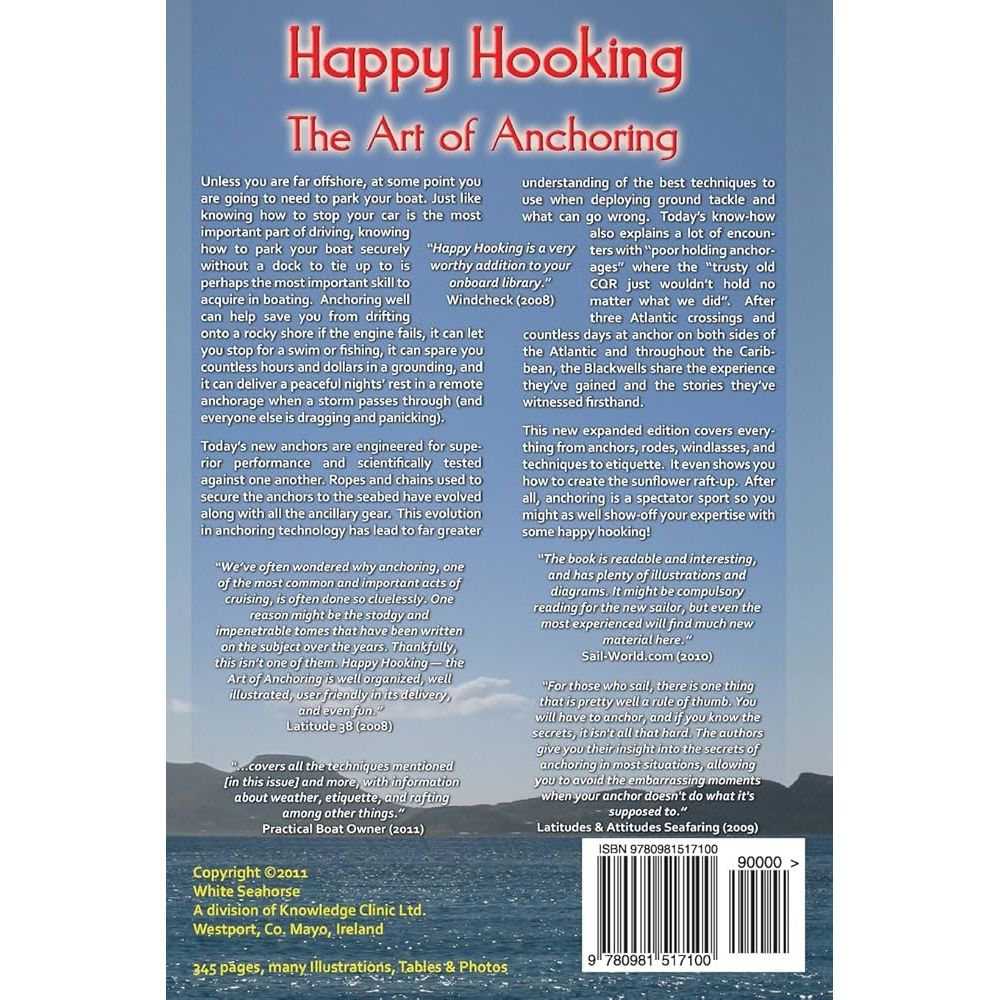 Back cover of "Happy Hooking" by White Seahorse, featuring highlights on essential anchoring skills, expert author bios, key anchoring techniques insights, and publication info.