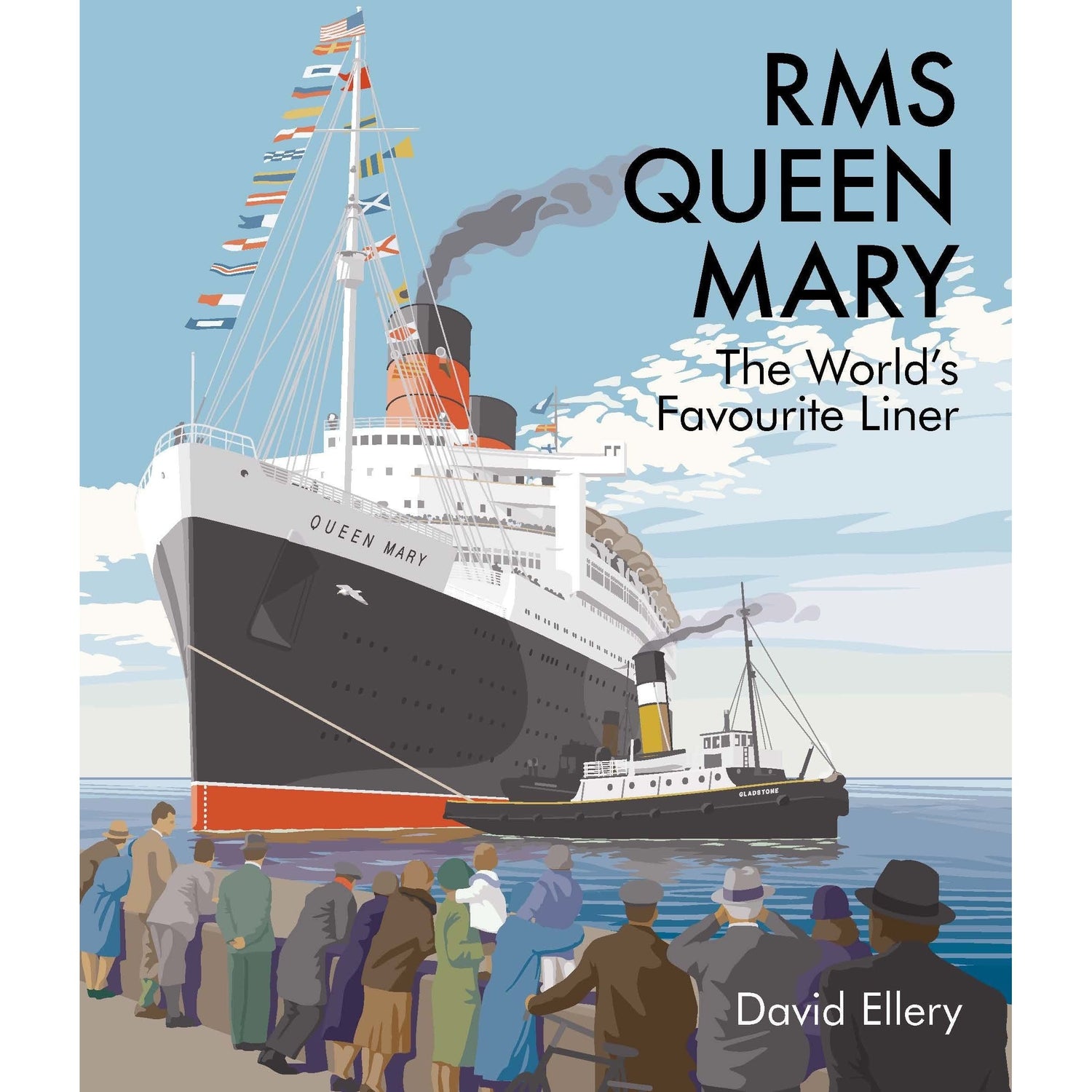 An illustration titled "RMS Queen Mary" by David Ellery shows the iconic ocean liner, a marvel of maritime innovation, docked with smoke rising from its funnel. A nearby tugboat hovers as hat-clad onlookers watch in awe. Branded by Seaforth as "The World's Favourite Liner.