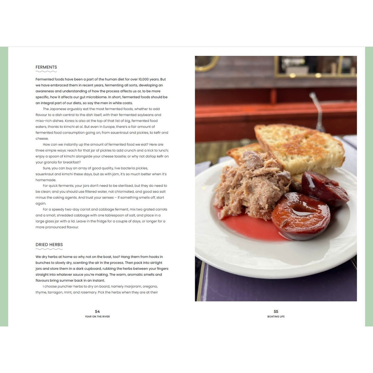 A Year on the River by Adlard Coles features a plate with shredded pork, two glazed plums, and bread—ideal inspiration for sustainable boat cooking or towpath foraging. Fermented food tips appear to the left.