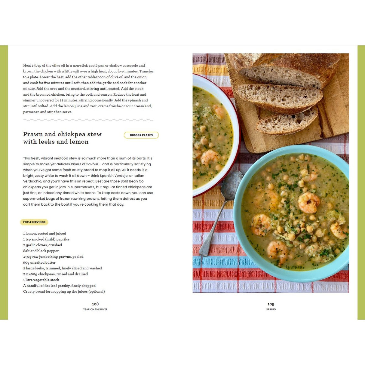 Two bowls of prawn and chickpea stew with greens and lemon rest on a striped cloth next to brown bread—a scene from "A Year on the River" by Adlard Coles. The recipe for this sustainable meal is shown on the left side of the image.