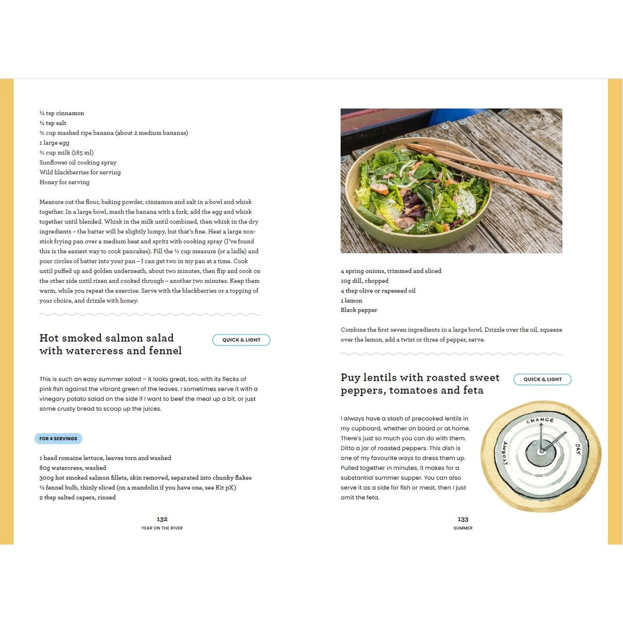 A page from "A Year on the River" by Adlard Coles features sustainable boat cooking, with salmon and lentil salad recipes, a photo of lentil salad with feta, tomatoes, greens, and the full ingredient list and prep steps.