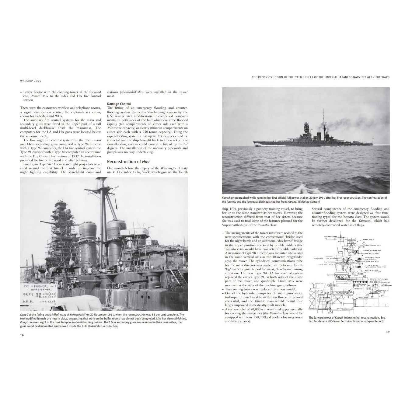 Warship 2025 by Osprey Publishing features a black-and-white historical layout with photos, diagrams, and technical drawings of Japanese warships, plus English text on ship reconstruction and naval history.
