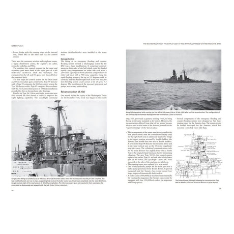 Warship 2025 by Osprey Publishing features a black-and-white historical layout with photos, diagrams, and technical drawings of Japanese warships, plus English text on ship reconstruction and naval history.