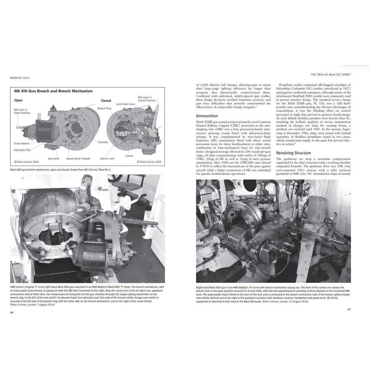 A technical diagram and two black-and-white photos from Osprey Publishing's Warship 2025 show the Mk XIII gun breech mechanism, featuring open/closed positions, internal parts, and real-life scenes inside a turret with detailed machinery.