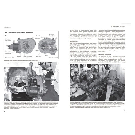 A technical diagram and two black-and-white photos from Osprey Publishing's Warship 2025 show the Mk XIII gun breech mechanism, featuring open/closed positions, internal parts, and real-life scenes inside a turret with detailed machinery.