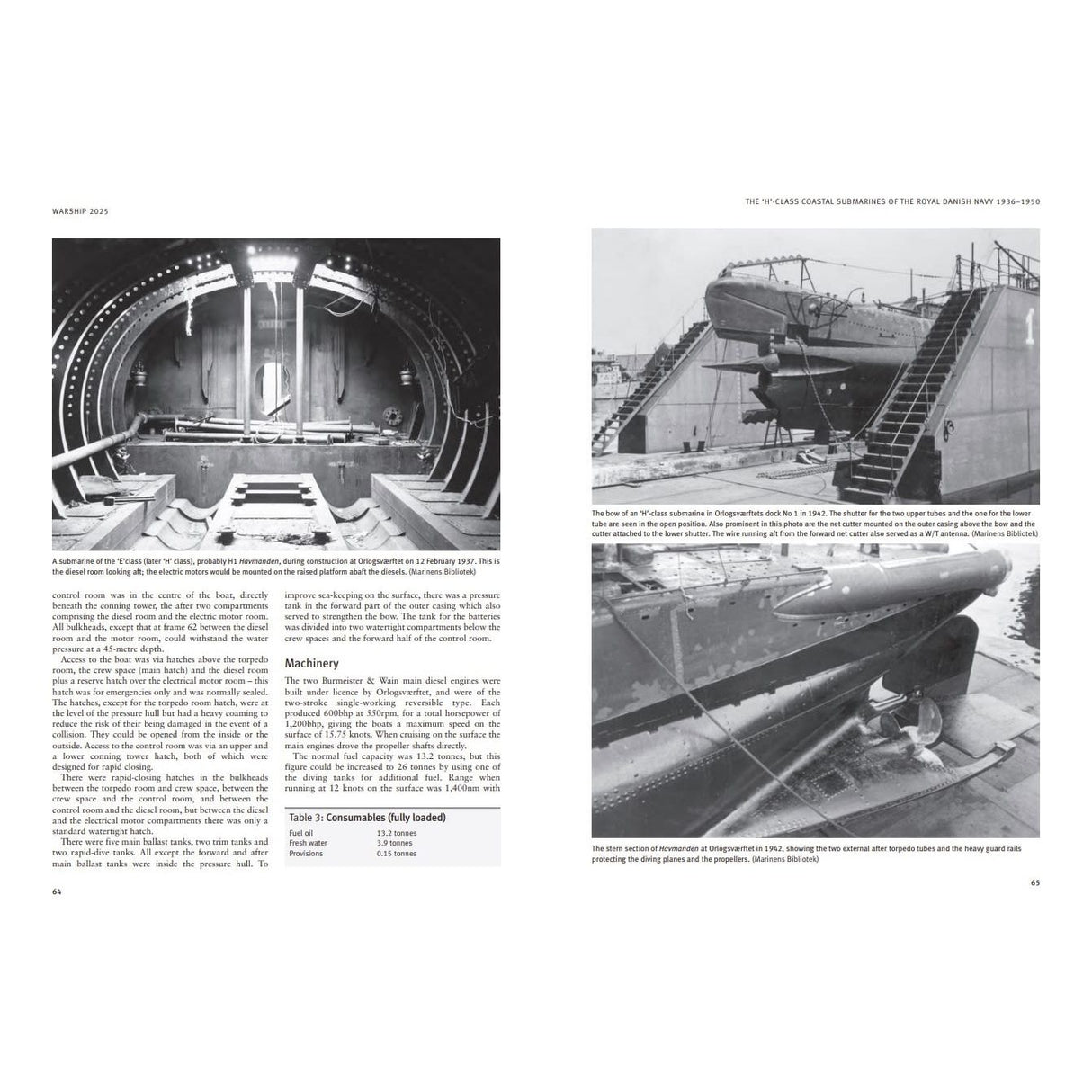 Osprey Publishing’s Warship 2025 features two black-and-white photos and text on V-class submarines: left, a sub's interior under construction; right, its hull and stern torpedo tubes with workers on scaffolding.