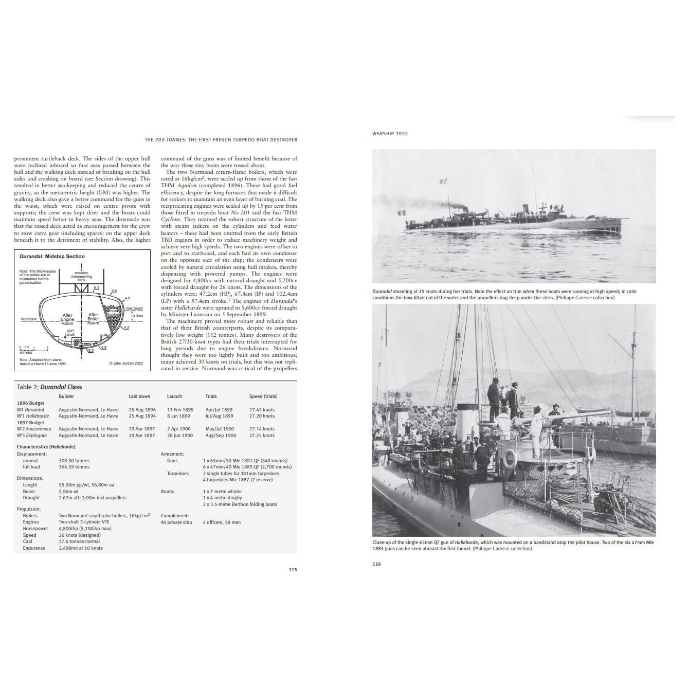 Two pages from Osprey Publishing’s Warship 2025 feature text about the Durandal, images of early French combat ships at sea, a close-up of sailors on deck, plus a diagram and table with warship specifications.