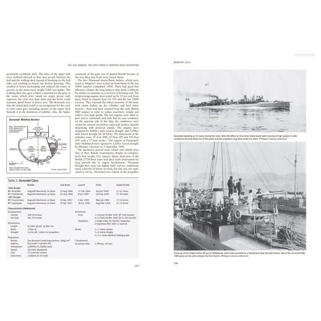 Two pages from Osprey Publishing’s Warship 2025 feature text about the Durandal, images of early French combat ships at sea, a close-up of sailors on deck, plus a diagram and table with warship specifications.