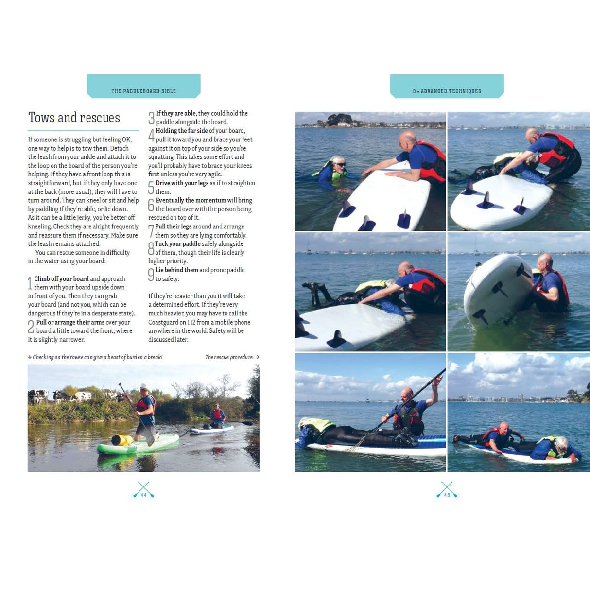 The Paddleboard Bible by Adlard Coles features a visual guide showing two people performing a tow rescue and other key SUP techniques, such as board flipping and re-mounting, ideal for paddleboard adventures on calm water.