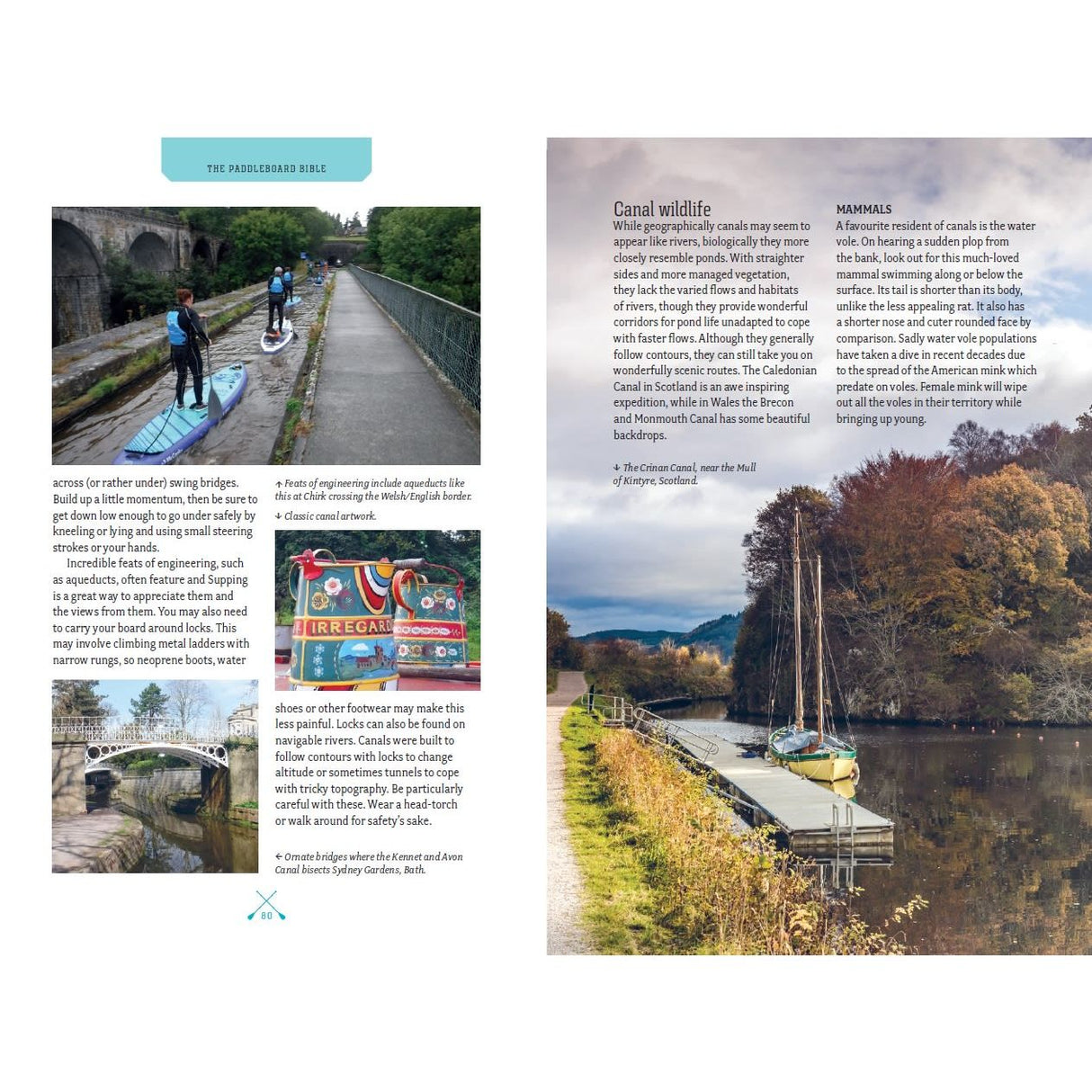 People demonstrate SUP techniques on a canal, paddling under a stone bridge past autumn trees and narrowboats. Informative text and photos from The Paddleboard Bible by Adlard Coles fill both pages.