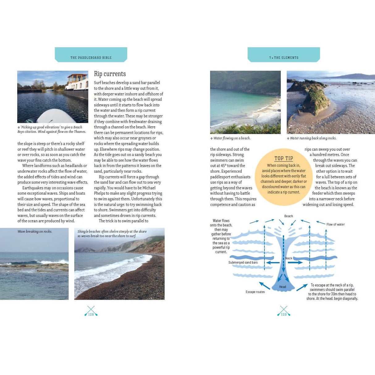 In Adlard Coles' The Paddleboard Bible, a two-page spread uses beach photos and water flow diagrams to explain rip currents; one page features three images, the other has safety tips for paddleboarders and step-by-step instructional diagrams.