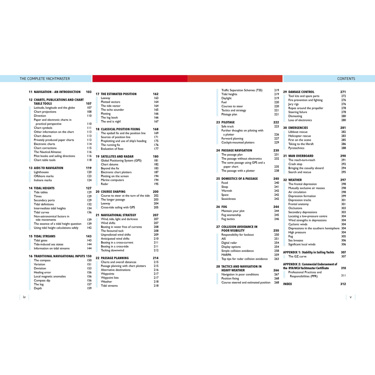 Adlard Coles’ "The Complete Yachtmaster" features a two-column table of contents with page numbers, listing chapters and subtopics on yachting, sailing confidence, seamanship, weather, safety, tactics, and the Yachtmaster syllabus.