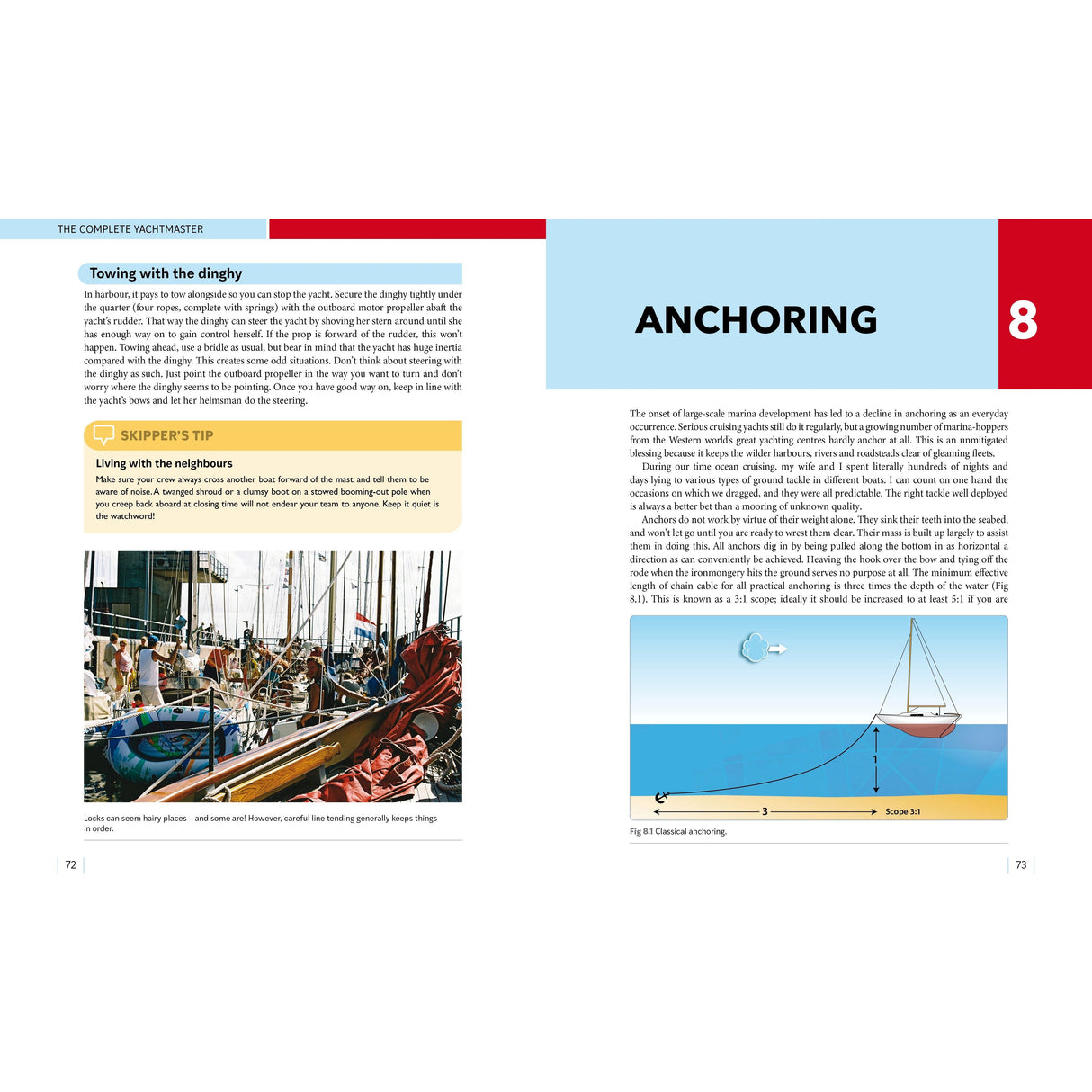A spread from "The Complete Yachtmaster" by Adlard Coles covers anchoring and towing a dinghy, supporting the Yachtmaster syllabus, with a marina photo and a diagram labeling anchor, chain, rope, and scope ratio.