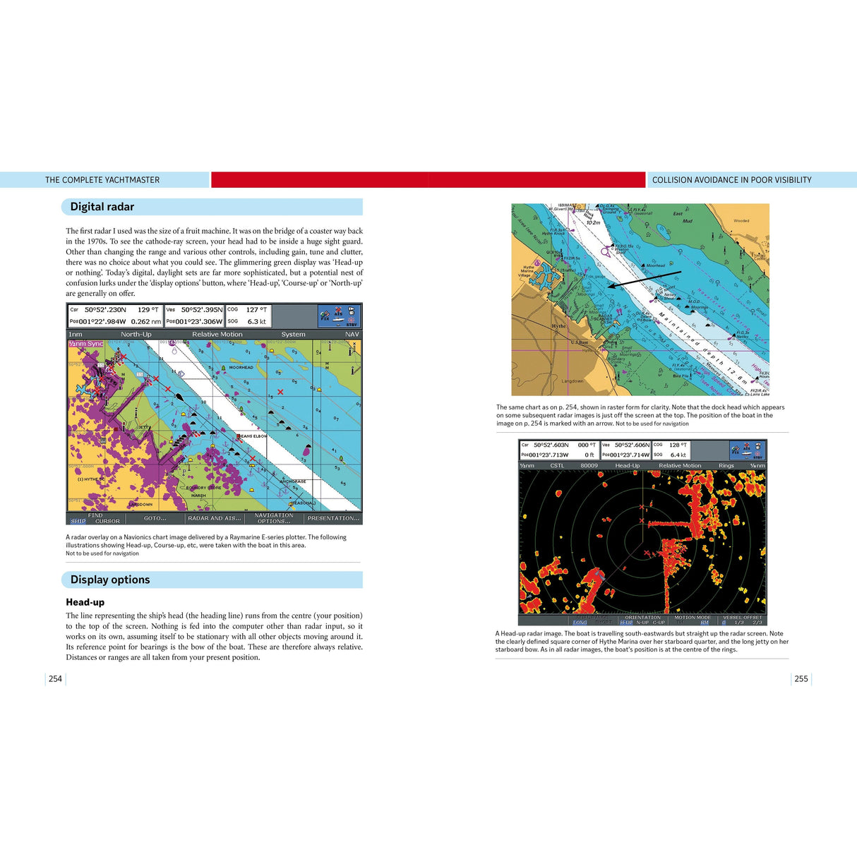 A page from Adlard Coles’ The Complete Yachtmaster features three color images of nautical radar and electronic charts, with captions explaining digital radar technology and display choices for collision avoidance in modern cruising.