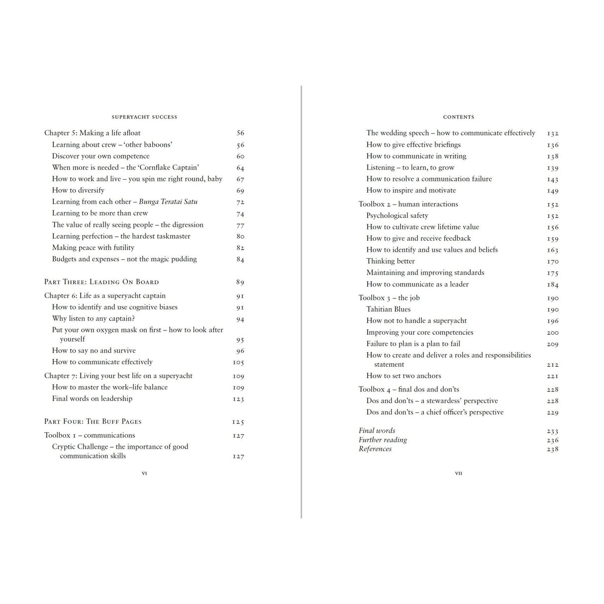 The Superyacht Success book by Adlard Coles features a table of contents listing chapters on communication skills, leadership, feedback, and toolkits for superyacht careers, with page numbers shown in columns on the right.
