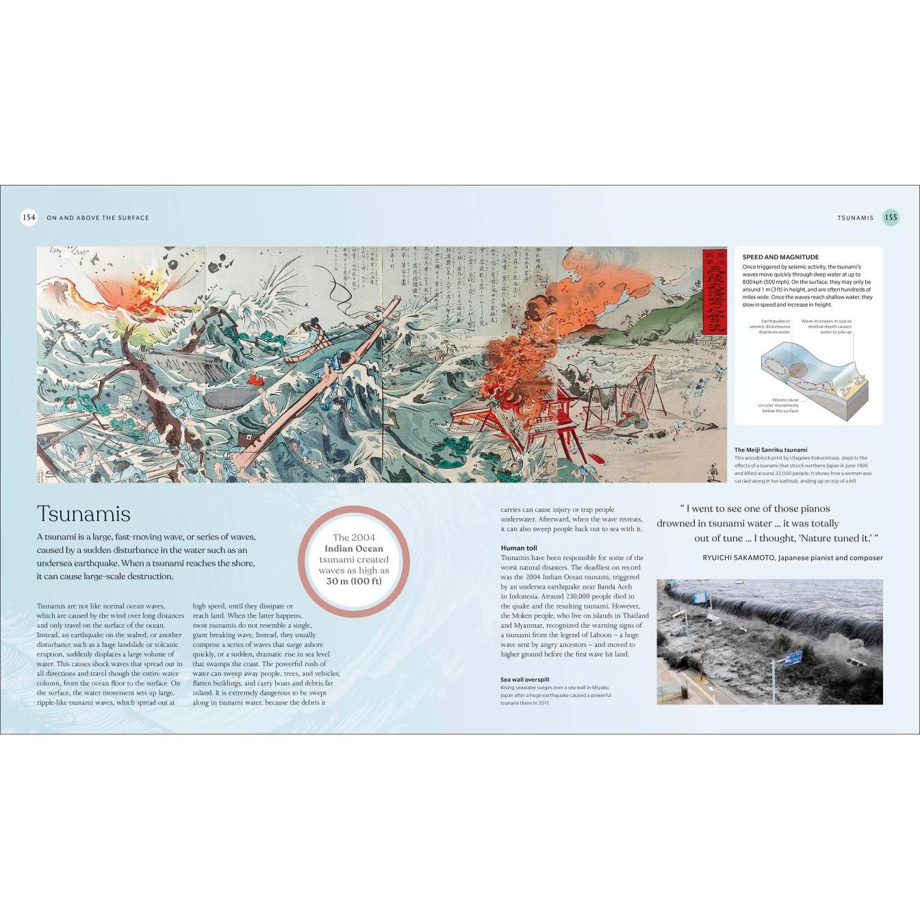 A vivid illustration from The Ocean Book by DK shows a giant tsunami wave hitting a coastal village as people flee, with surrounding text and images explaining tsunamis and their effects on oceans and marine life.