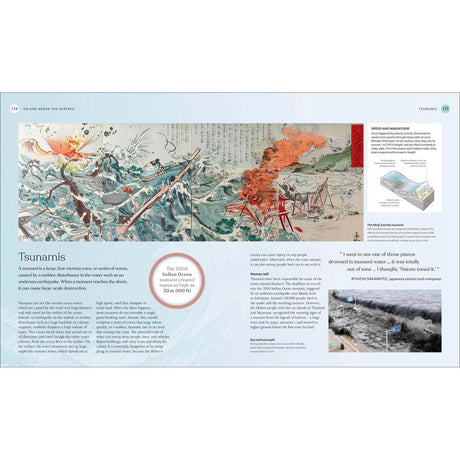 A vivid illustration from The Ocean Book by DK shows a giant tsunami wave hitting a coastal village as people flee, with surrounding text and images explaining tsunamis and their effects on oceans and marine life.