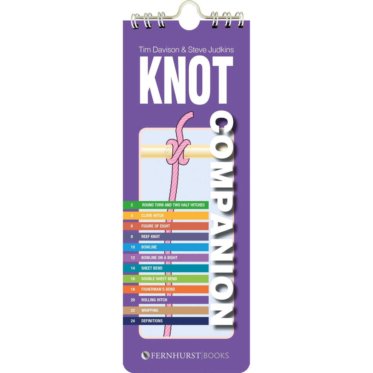 The "Knot Companion" by Fernhurst Books is a purple guide featuring a pink knot illustration and a colorful knot-tying list, with the Fernhurst Books logo at the bottom.