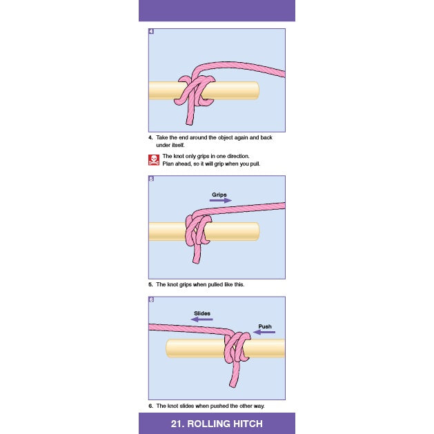 The Knot Companion by Fernhurst Books offers a step-by-step guide to tying a rolling hitch with pink rope around a pole, highlighting how the knot grips one way and slides the other—perfect for clear knot-tying or sailing reference.