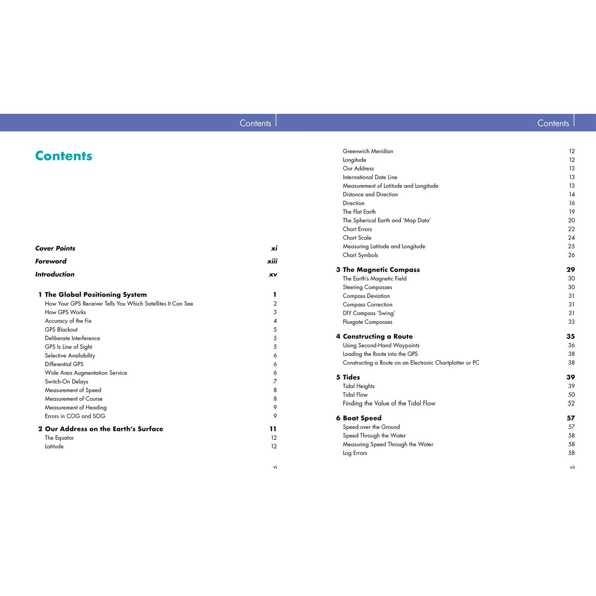 Table of contents from Practical Navigation for the Modern Boat Owner by Fernhurst Books, covering GPS systems, Earth’s coordinates, electronic navigation, magnetic compass, routes and bearings, sea charts reading, and a glossary.