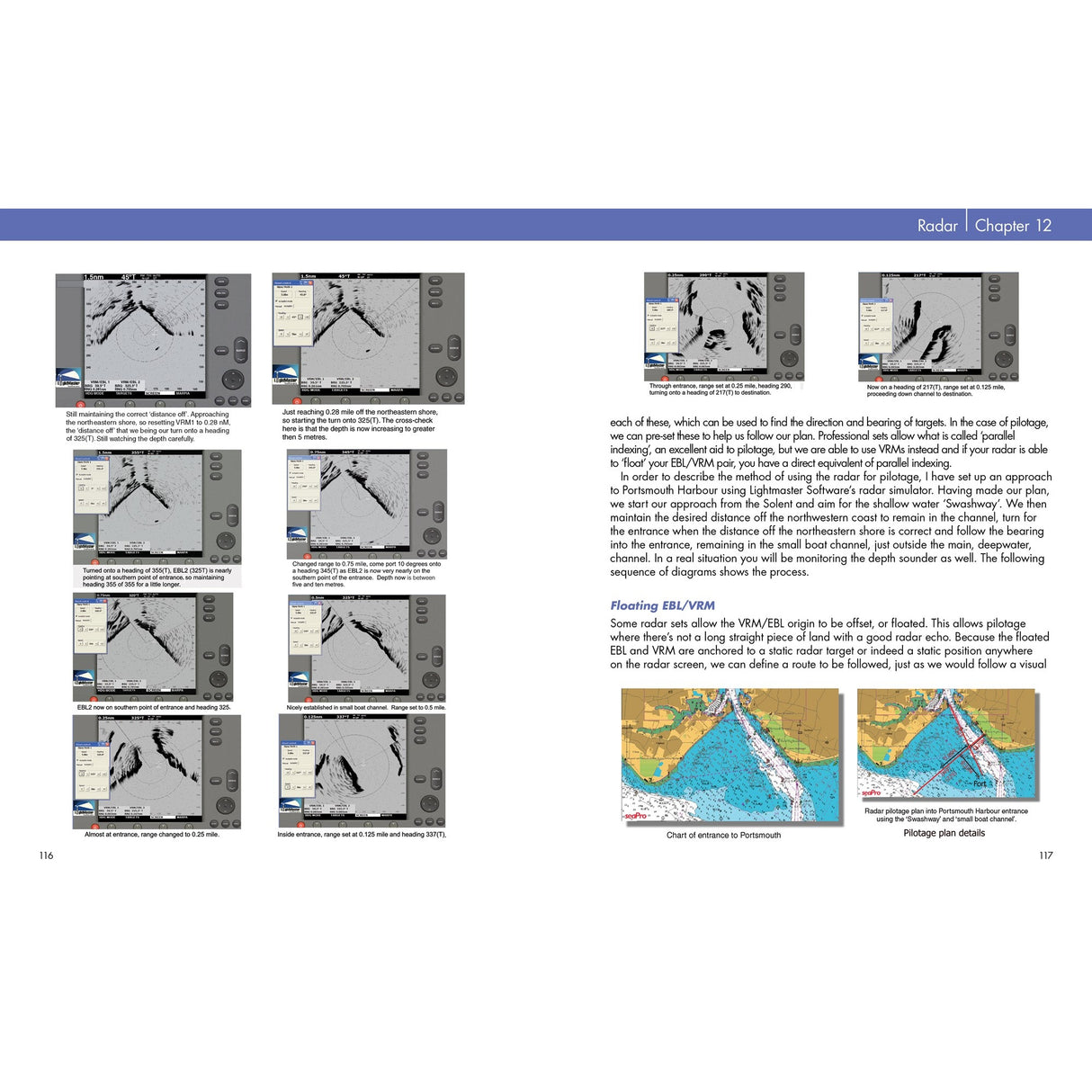 A two-page spread from Fernhurst Books' "Practical Navigation for the Modern Boat Owner" features annotated radar images on the left and color radar charts on the right, plus columns of text explaining navigation techniques and passage planning.