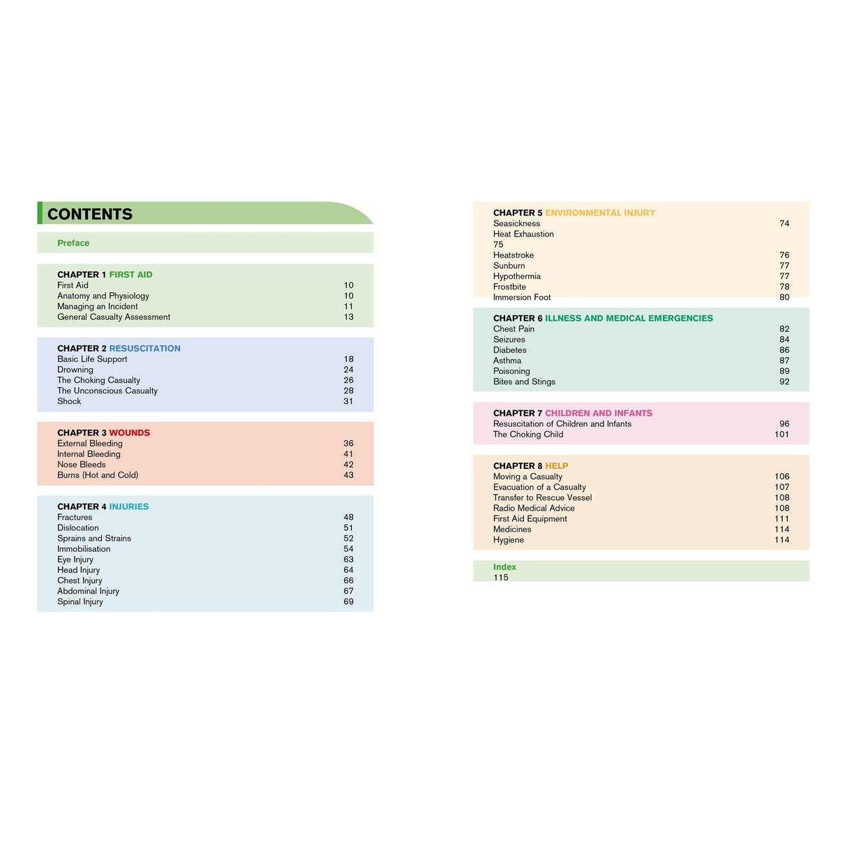 The "First Aid Afloat" manual by Fernhurst Books features a color-coded table of contents listing chapters and page numbers on resuscitation, wounds, environmental injuries, illnesses, and marine medical emergencies.