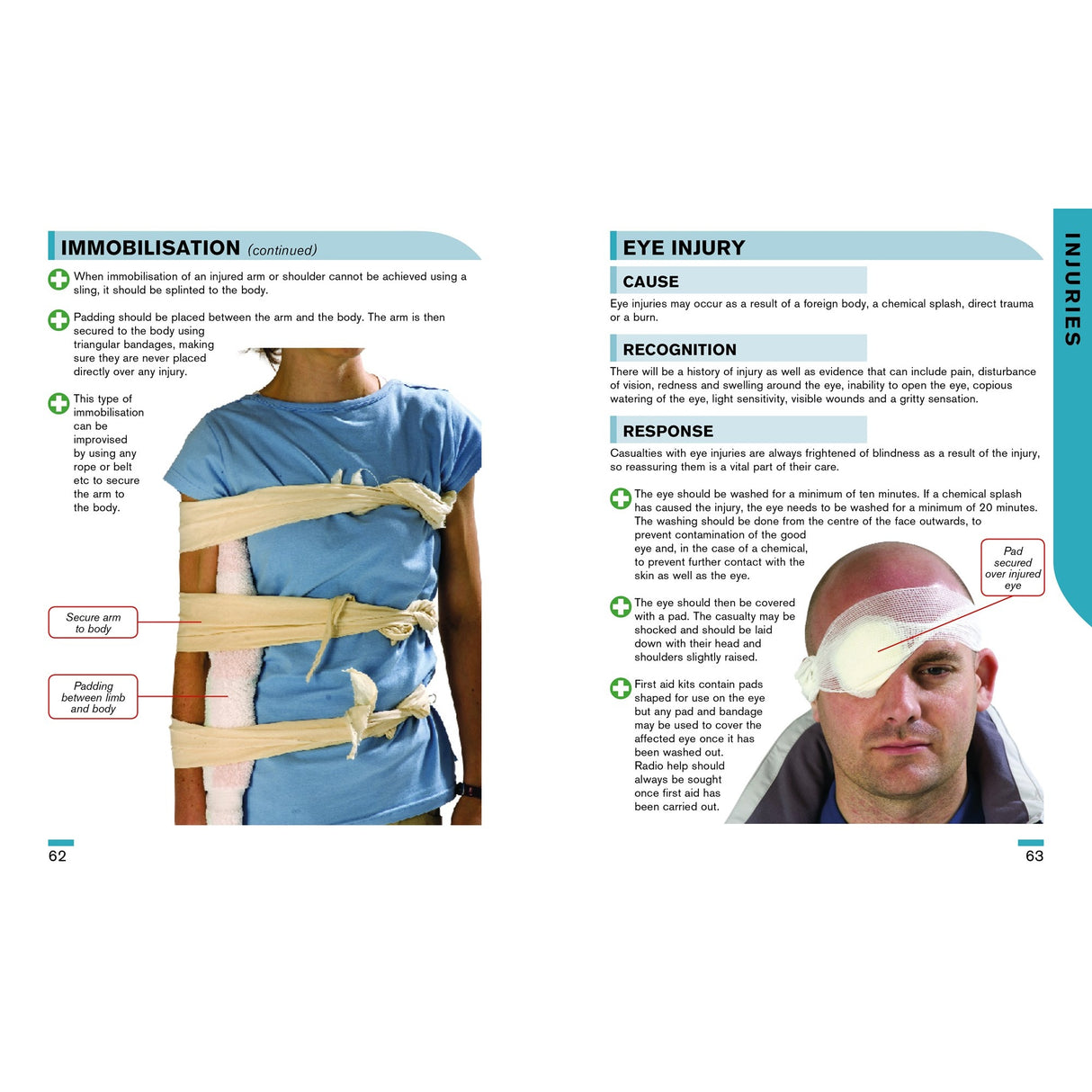 First Aid Afloat by Fernhurst Books demonstrates first aid at sea, showing how to immobilize a shoulder and treat eye injuries, with photos of a bandaged arm and a man with an eye pad.