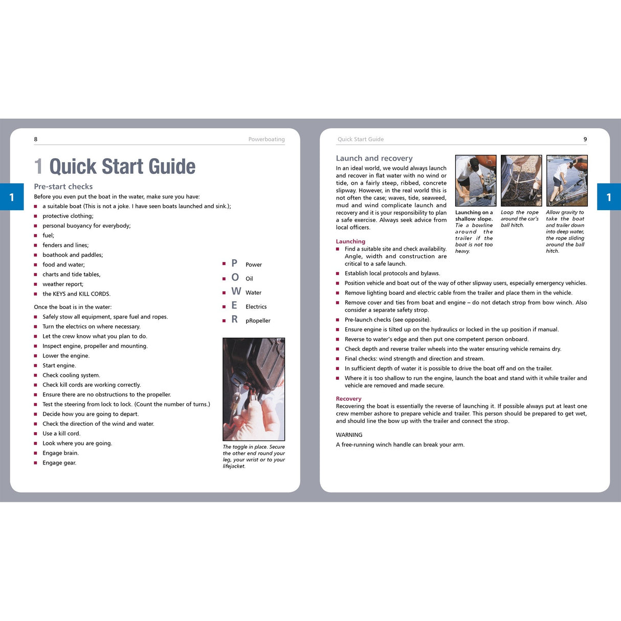 The Powerboating Quick Start Guide by Fernhurst Books features a page with pre-start check icons (fuel, oil, water, electrics, propeller) and another with step-by-step launch, recovery, and ramp safety photos.