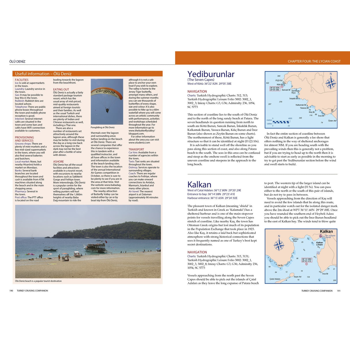 The Turkey Cruising Companion by Fernhurst Books features maps and info on Olü Deniz, Yediburunlar, and Kalkan—ideal for Mediterranean sailors. Includes a beach photo with boats, a paraglider, navigation details, and local highlights.