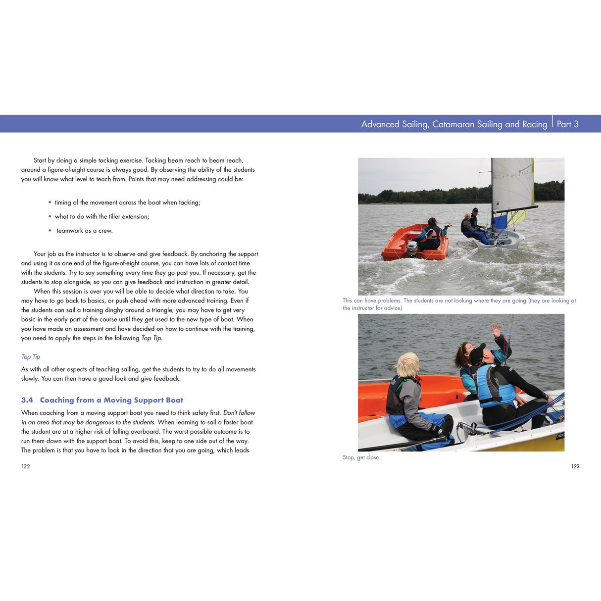 In Fernhurst Books' "Teach Dinghy Sailing," students learn on the water—three in wetsuits and life jackets sail one dinghy, while two more are in a small orange boat—highlighting beginner instruction.