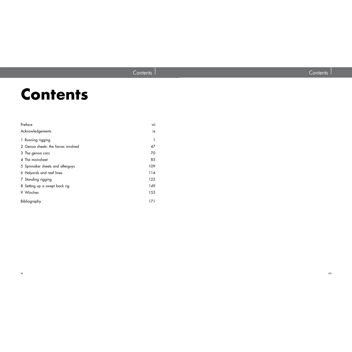 A two-page spread in "Rigging" by Fernhurst Books displays "Contents" at the top; the left page lists chapters like boat rigging and rigging guide with page numbers, while the right page is mostly blank except for "Contents.