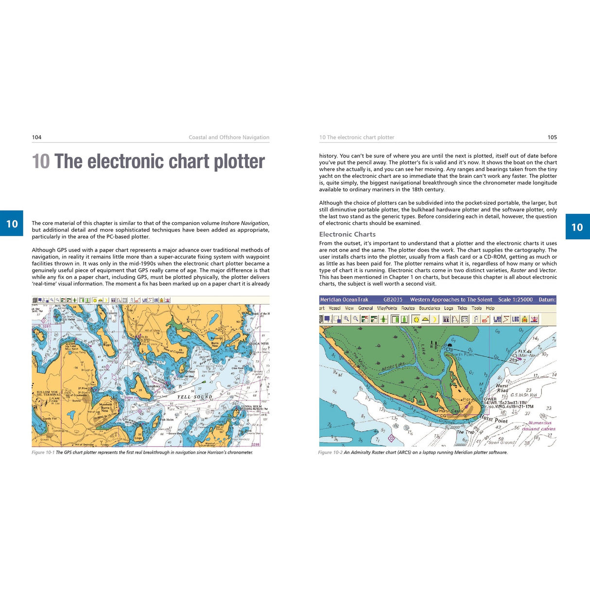 Two pages in Fernhurst Books’ "Coastal & Offshore Navigation" explain electronic chart plotters, featuring color screenshots of digital nautical charts and software. Blue sidebars show 10. GPS use and key yacht passage planning are covered.