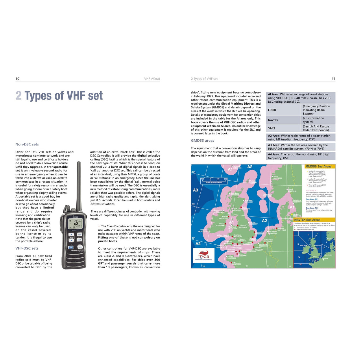 A two-page spread from Fernhurst Books' "VHF Afloat" shows text and an image of a handheld VHF DSC radio, plus more text, a table, and a color-coded Northern Europe emergency communications coverage map.