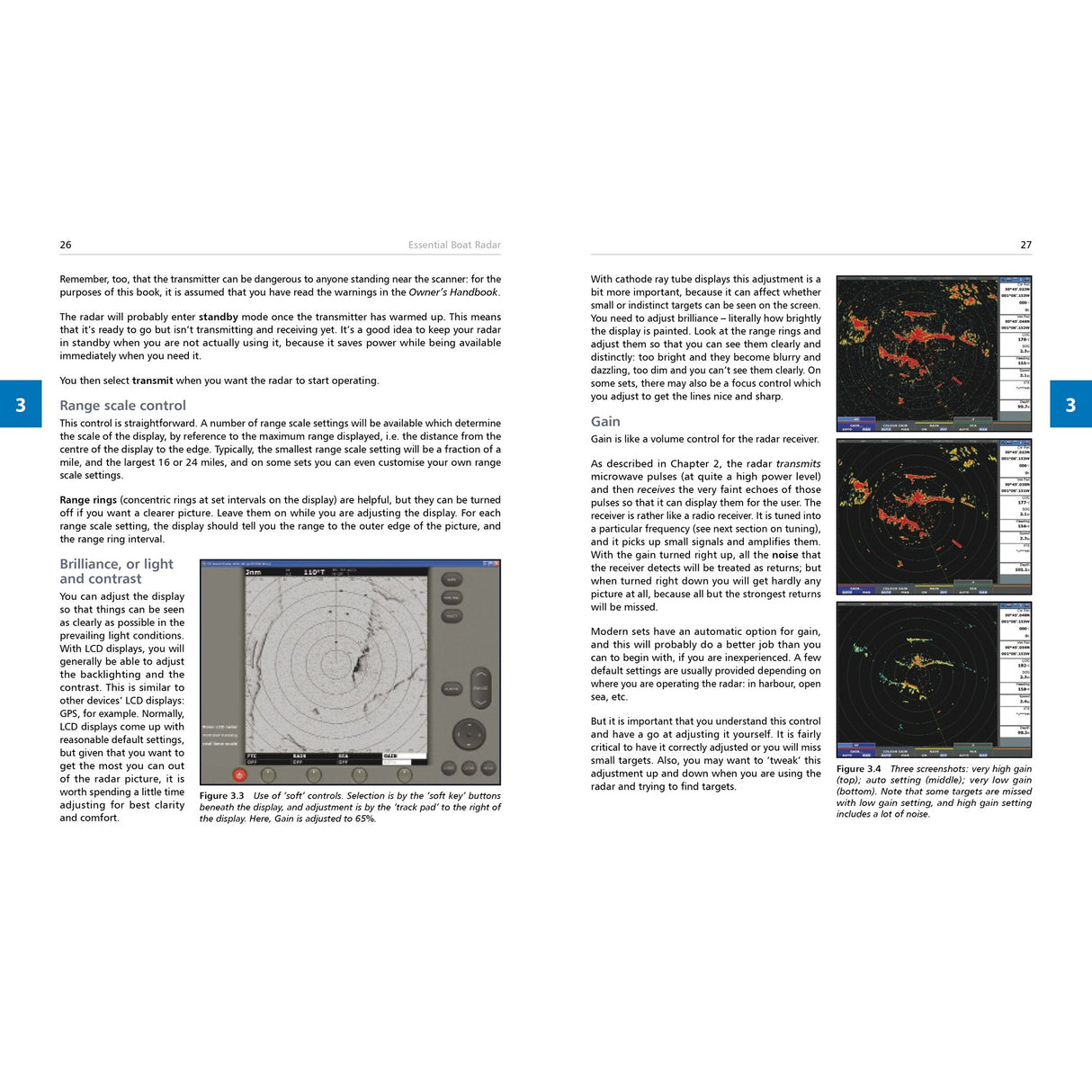 A two-page spread from Essential Boat Radar by Fernhurst Books shows text, screenshots of colorful marine radar displays at different scales, and captions explaining control settings and how to interpret radar images.