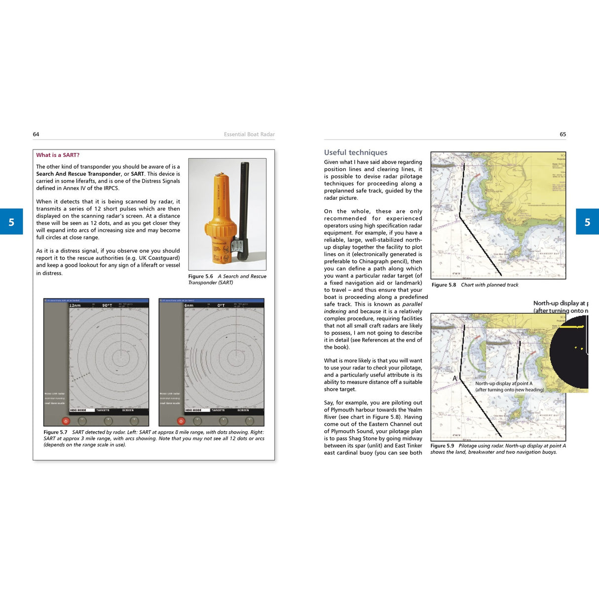 A book spread from Fernhurst Books' "Essential Boat Radar" displays SART photos, radar images, diagrams, and charts explaining marine radar plotting, navigation methods, and practical insights into using boat radar.