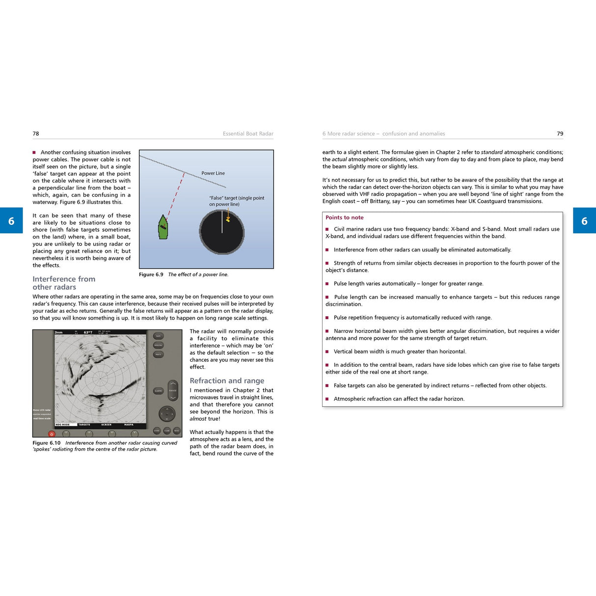 Two pages from Fernhurst Books’ “Essential Boat Radar”: the left page has text, diagrams, and a “6” in the margin; the right presents “Points to note” on radar signal detection and managing interference.
